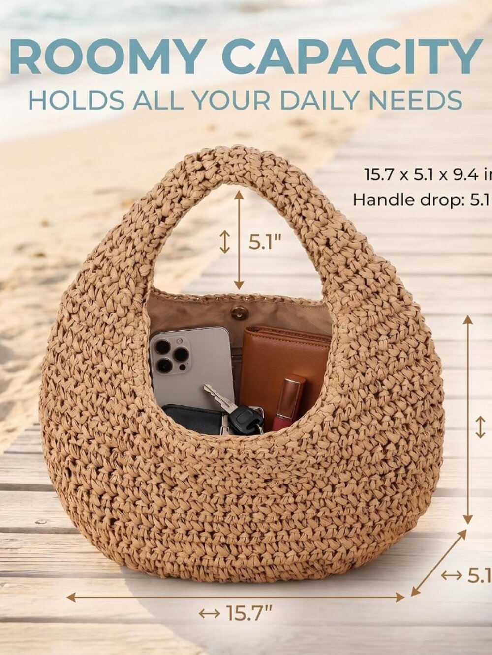 Handmade Crescent Straw Bag for Women, Summer Beach Hobo Raffia Woven Underarm H - Picture 3 of 6
